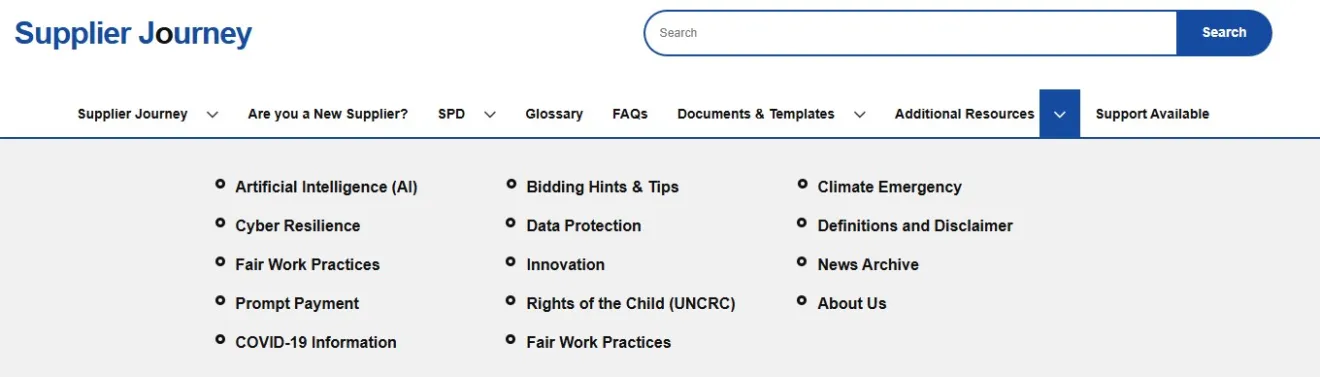 This image is a screen shot of the Supplier Journey Additional Resources menu.  It shows that when you click on the down arrow, located beside the Additional Resources heading, you are shown all of the Additional Resources menu headings. You can then click on any of these headings to view the specific topic information.