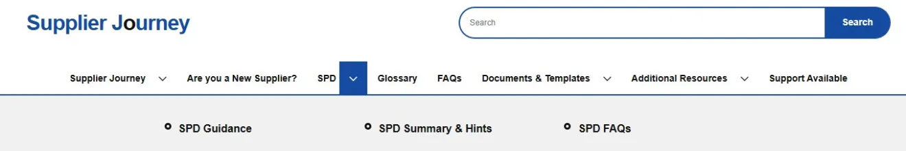 This image is a screen shot of the Supplier Journey.  It shows that by clicking on the down arrow, located beside the SPD heading, you are shown all of the SPD menu headings. You can then click on any of these headings to view the specific topic information.