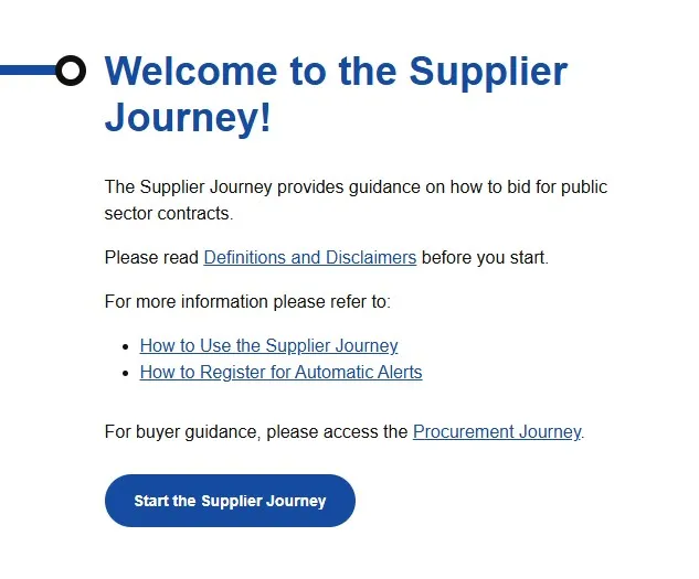 This image is a screen shot of the Supplier Journey "Welcome to the Supplier Journey" text.  This text is located on the Supplier Journey homepage and includes a "Start the Supplier Journey" button.  When this button is clicked the user is directed to the "Prepare" station, which is the first station of the Supplier Journey.