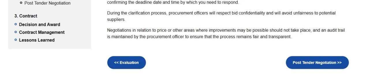 This image shows a screenshot of two buttons that are located at the bottom of every Supplier Journey station.  Clicking the left hand button takes you to the previous Supplier Journey station.  Clicking the right hand button takes you to the next Supplier Journey station.